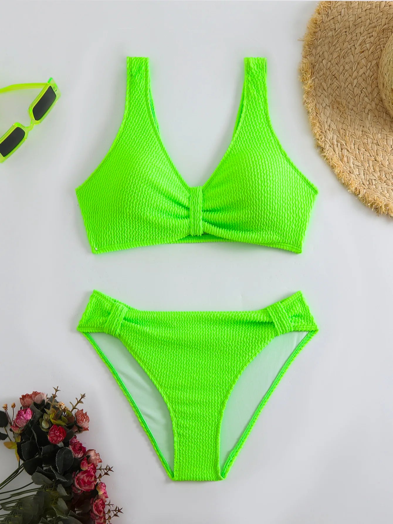 2025 Summer New Women's 2 Piece Swimsuit Solid Color High Waist Bikini Set V-neck Backless Beach Vacation Bathing Suit Swimwear