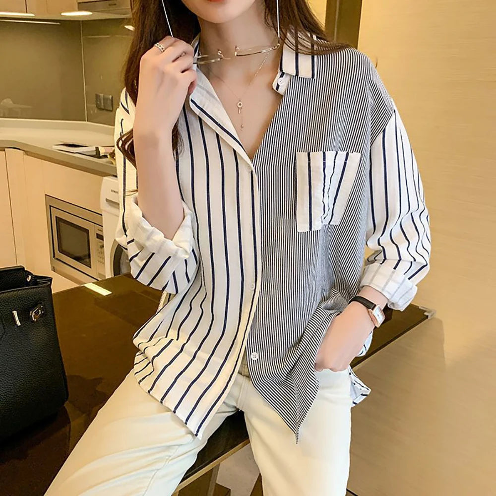 2025 Korean Summer Thin Trendy Striped Women's Shirt & Blouses Patchwork Pocket Loose Casual Office Lady Shirt Sweet Women's Top