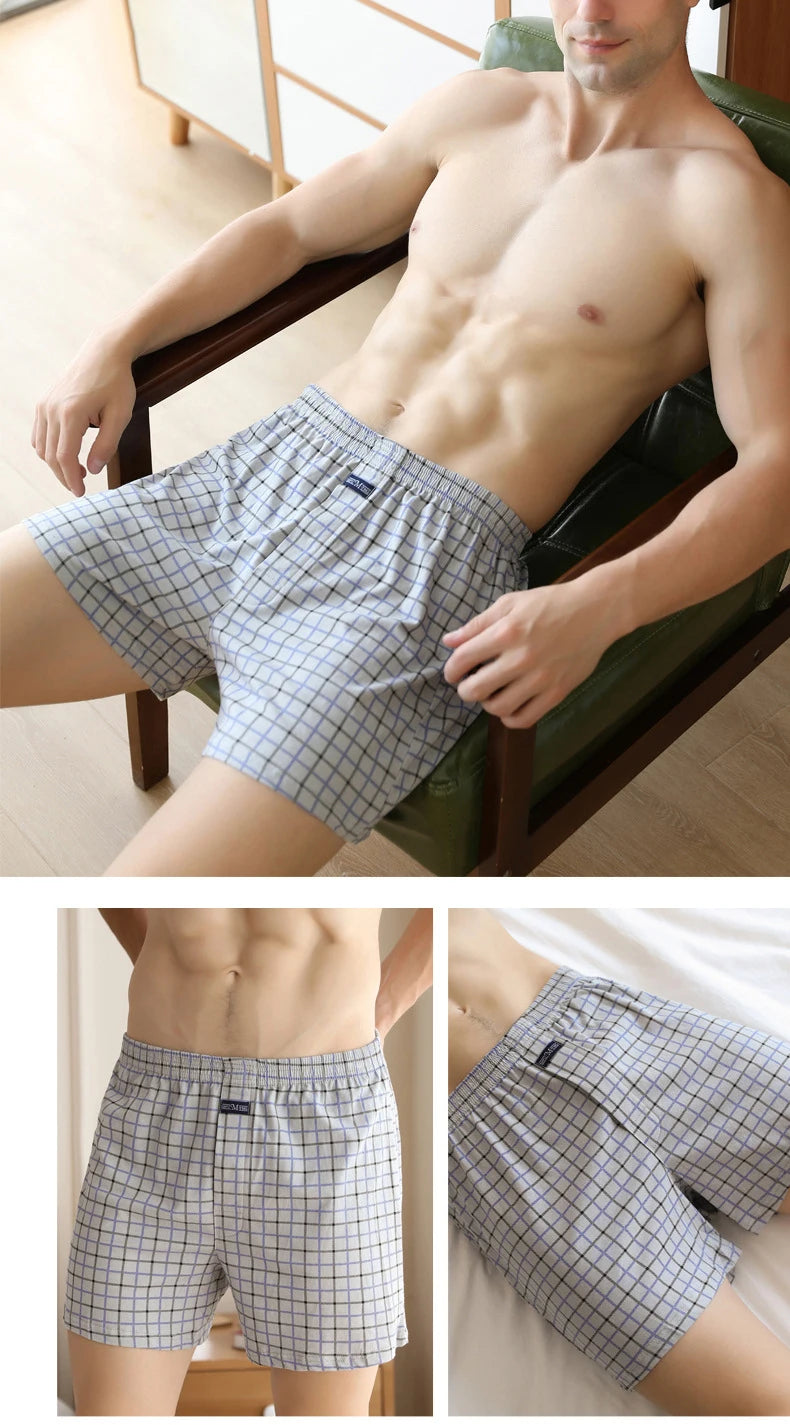 4pcs Male Arrow Pants Men Cotton Plaid Boxers Shorts Loose Mid-Waisted Men's Plus Size Underwear Homewear Comfortable Panties