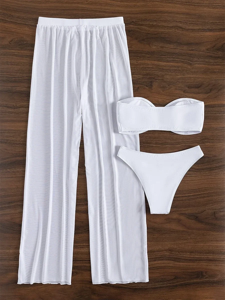 3 Pieces U Wired Bandeau Bikini 2025 Sexy Swimsuit Women & Beach Pants Swimwear Female Beachwear Bathers Bathing Swimming Suit