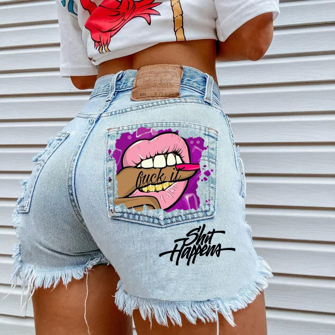 2012 Fashionable Gap Denim Shorts Women's Bite Finger Printing Cross-border E-commerce Amazon Style Breaking Shorts