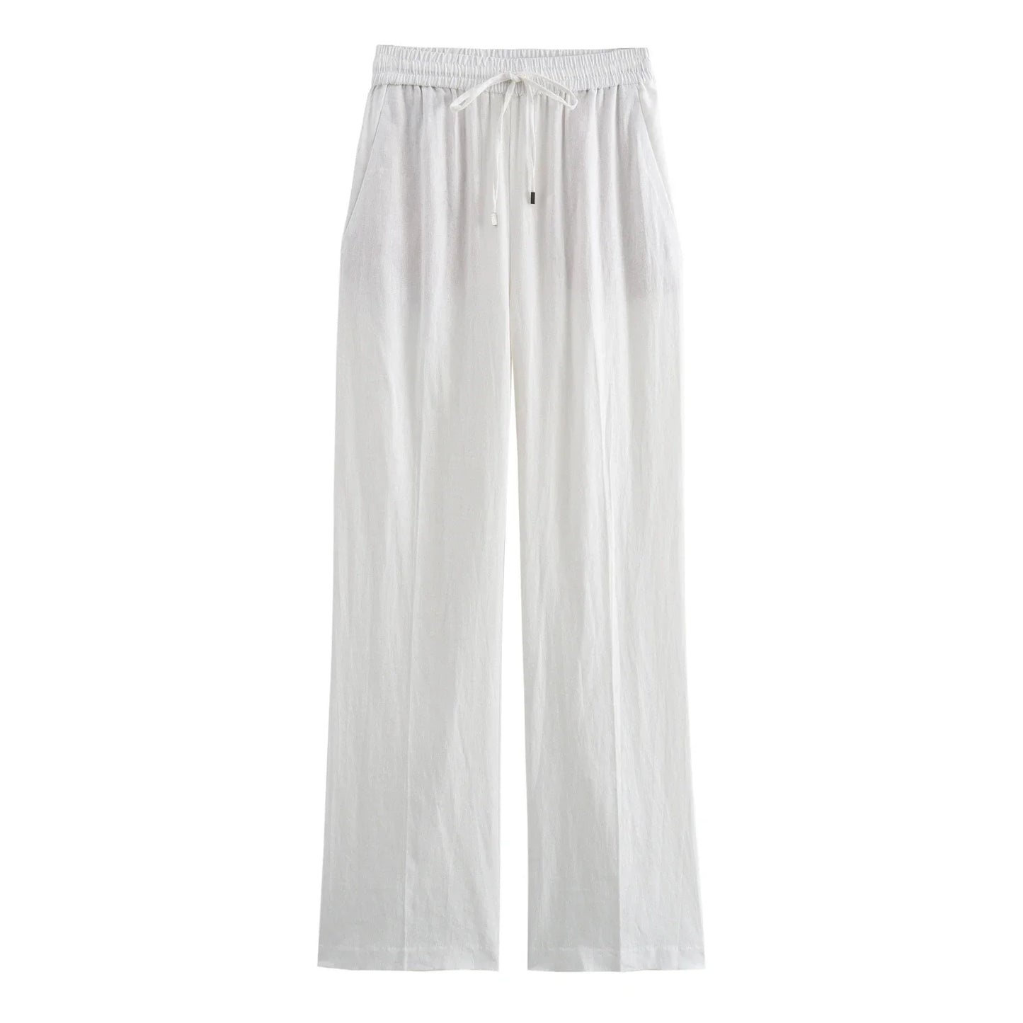 TRAF Women Fashion Spring Summer Lace-up Linen Blended Straight Pants Pocket Office Lady Chic High Waist Trousers Mujer