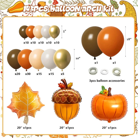 143 PCS Fall Balloon Arch Kit Pumpkin Maple Leaves Pine Cones for Thanksgiving Autumn Harvest Birthday Party Decorations