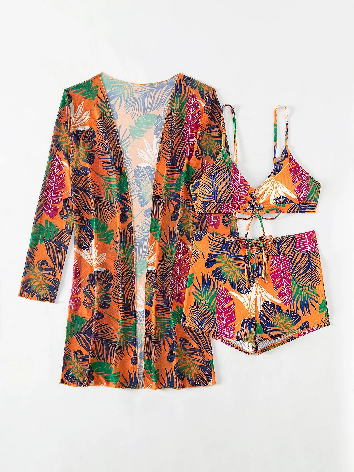 2025 New Women 3 Pieces Swimsuit Leaf Pattern Bikini Set+Long Sleeve Cover Up Tankini Beachwear Drawstring Swimwear Bathing Suit