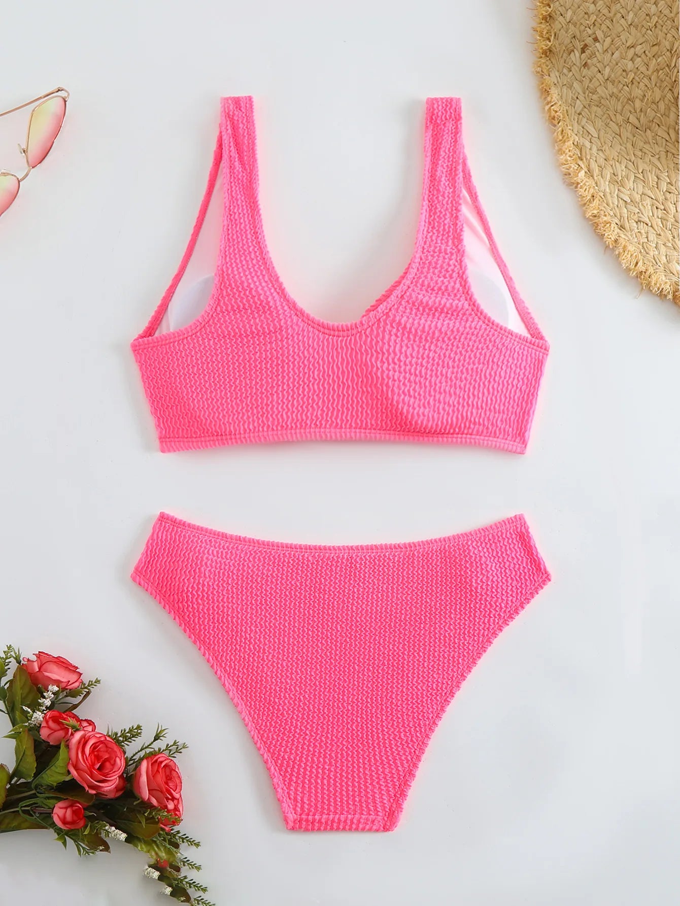 2025 Summer New Women's 2 Piece Swimsuit Solid Color High Waist Bikini Set V-neck Backless Beach Vacation Bathing Suit Swimwear