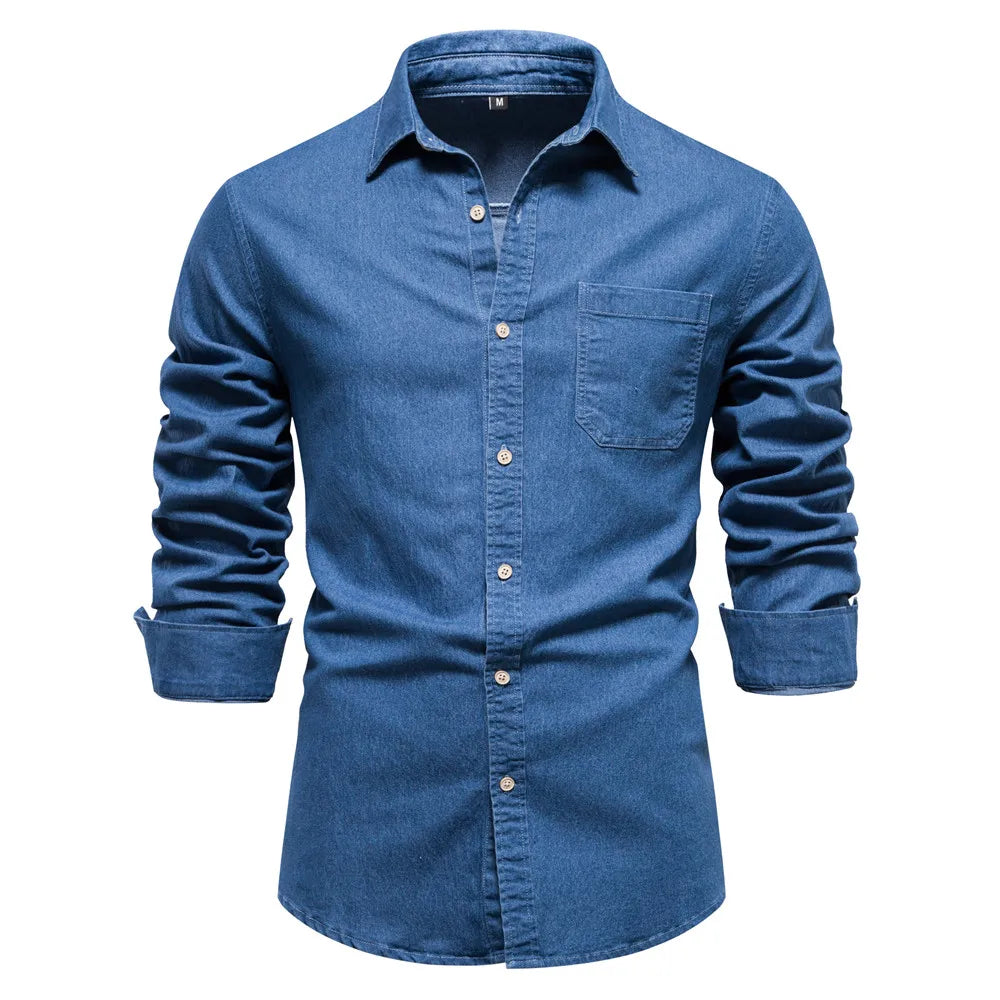 AIOPESON Autumn New Cotton Men's Denim Shirt Solid Color Single Pocket Casual Long Sleeve Shirt Autumn Jeans Shirt for Men