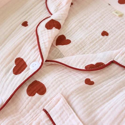 2025 New Spring and Autumn Women's Pajama Set 100% Cotton Crepe Long Sleeve Long Pants Two Piece Set Love Sweet Home Clothes