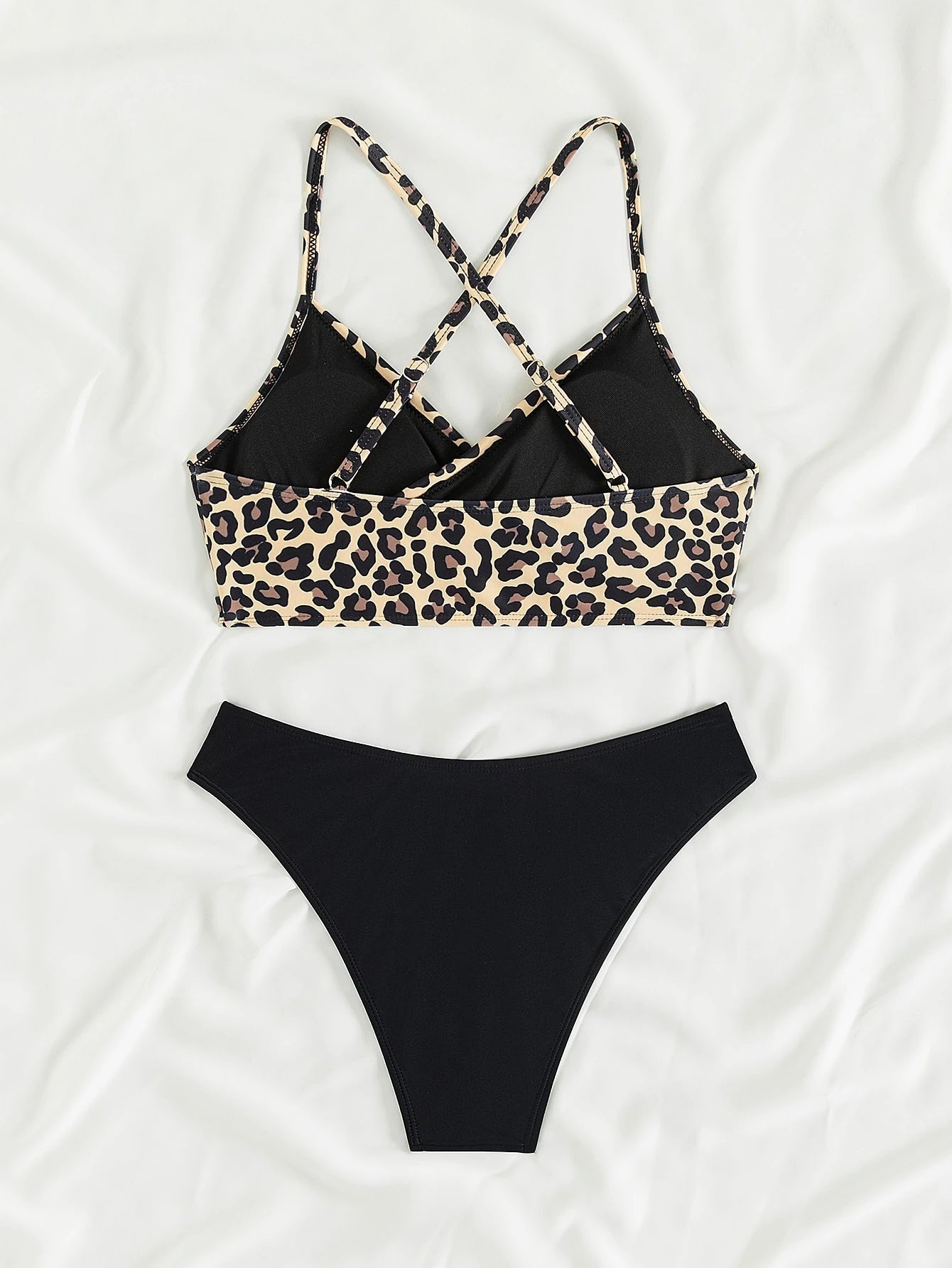 Summer Women's Leopard Patchwork Swimsuit Sexy Back Cross Lace-Up Swimwear High Waist Bikini Set Push Up Bathing Suit Beachwear