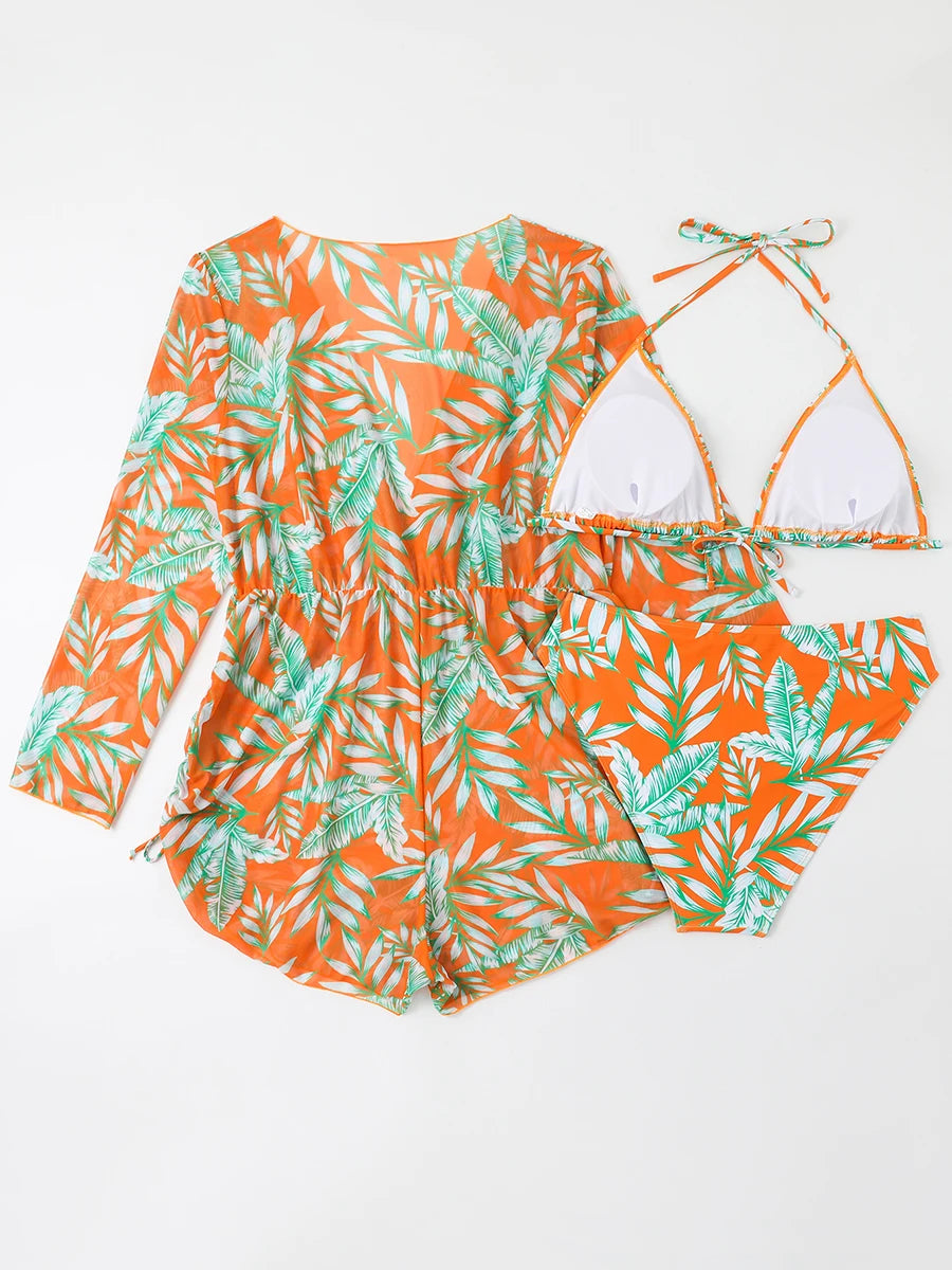 2025 Print Cross V Neck Large Size Halter Bikini 3 Piece Swimsuit Women Swimwear Female Bathing Swimming Swim Suit Beach Bathers