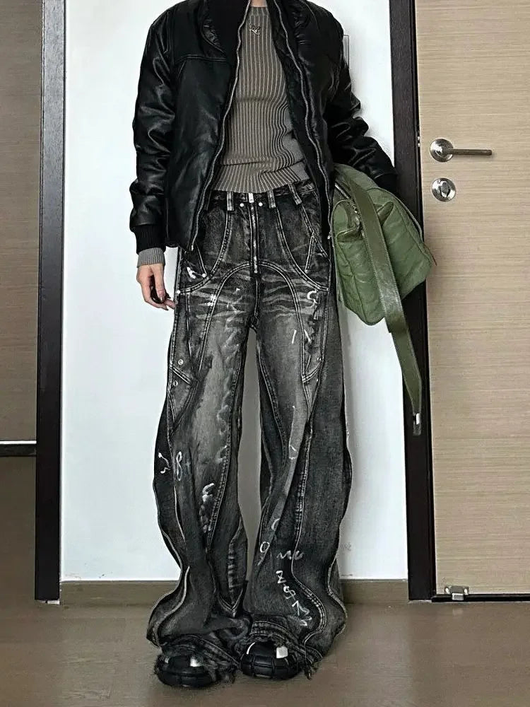 American Style Vintage Wide Leg Jeans For Men And Women Heavy Duty Ribbon Embellishment Hip Hop Sensibility Casual Pants