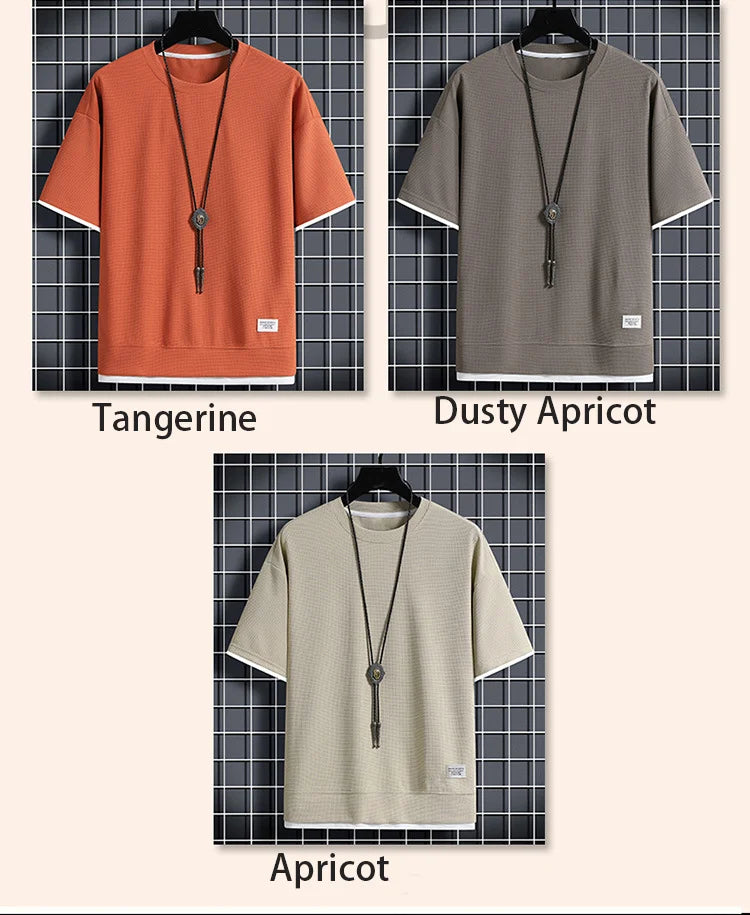 1pcs Men Summer T-Shirt Man Short Sleeved Waffle Solid T-Shirt Male Solid Color Casual Tee Round Men's Round Neck Fashion Top