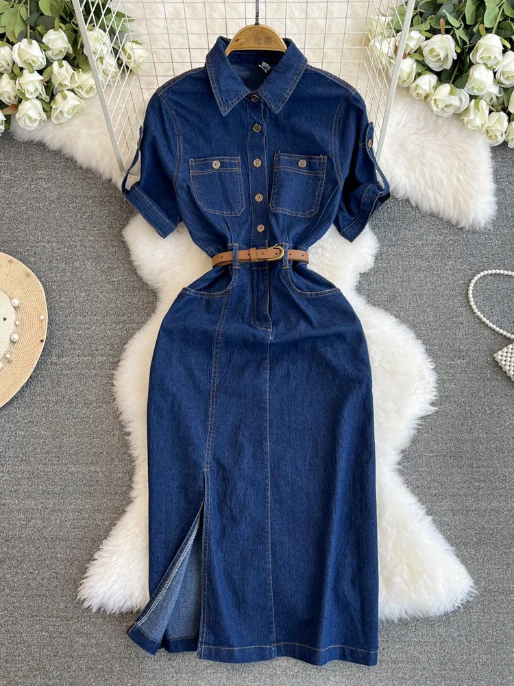 XFPV Women's Sweet Short Denim Dress For Women Belt Slim Short Sleeved Vestidos Korean Fashion Spring Summer 2025 SM11153