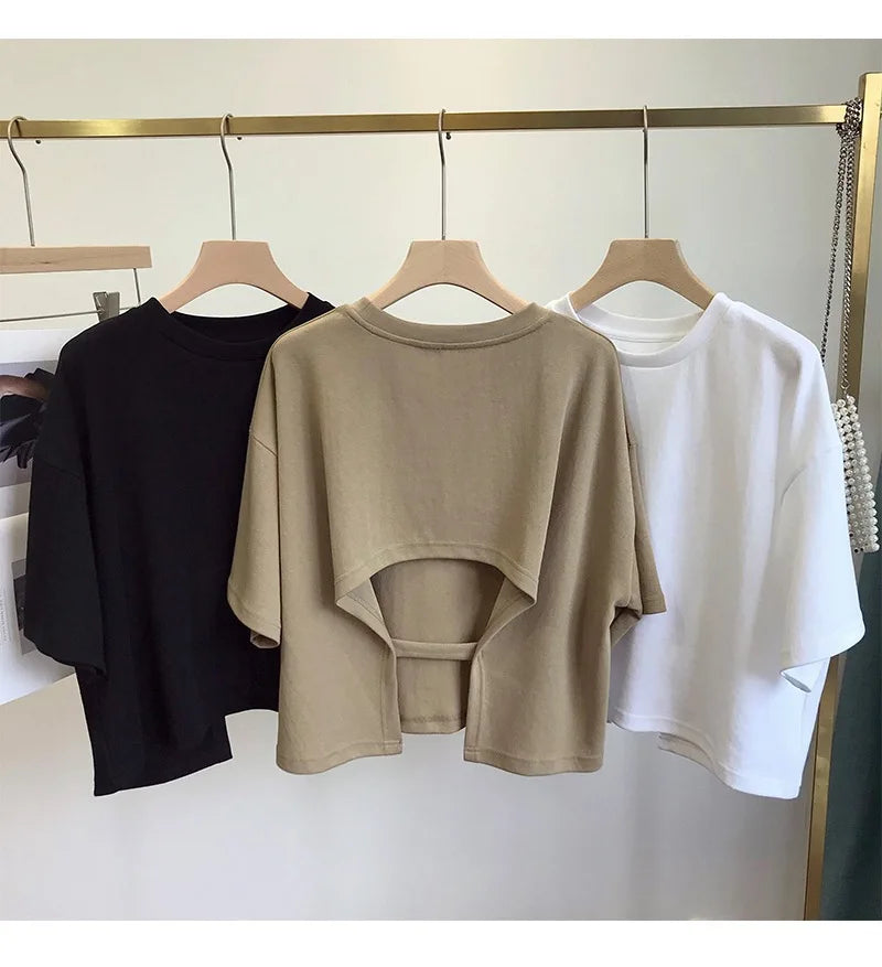 Summer New Ladies Casual Backless T-Shirt 2023 Korean Women Round Neck Loose Sweet Spicy Wind Short-Sleeved Crop Tops