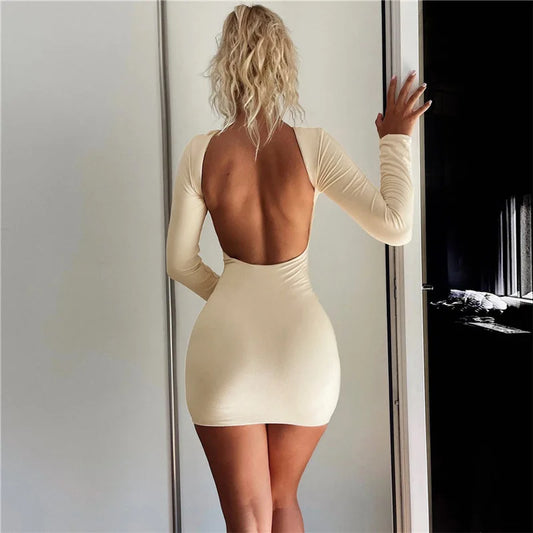 Backless Women Dress Full Sleeve Sexy Solid Fashion Slim Bodycon Ladies Eveing Party Prom Robe New In Clothes Mini Dress Skinny