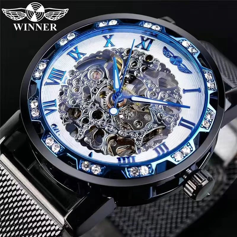 1 Piece of Men's Fashion Manual Mechanical Watch with Diamond Inlay, Hollow Design Mesh Strap Watch, Stylish and Versatile, Handsome Men's Student Wristwatch, High Appearance Value, First Choice for Gift Giving, No Battery Re