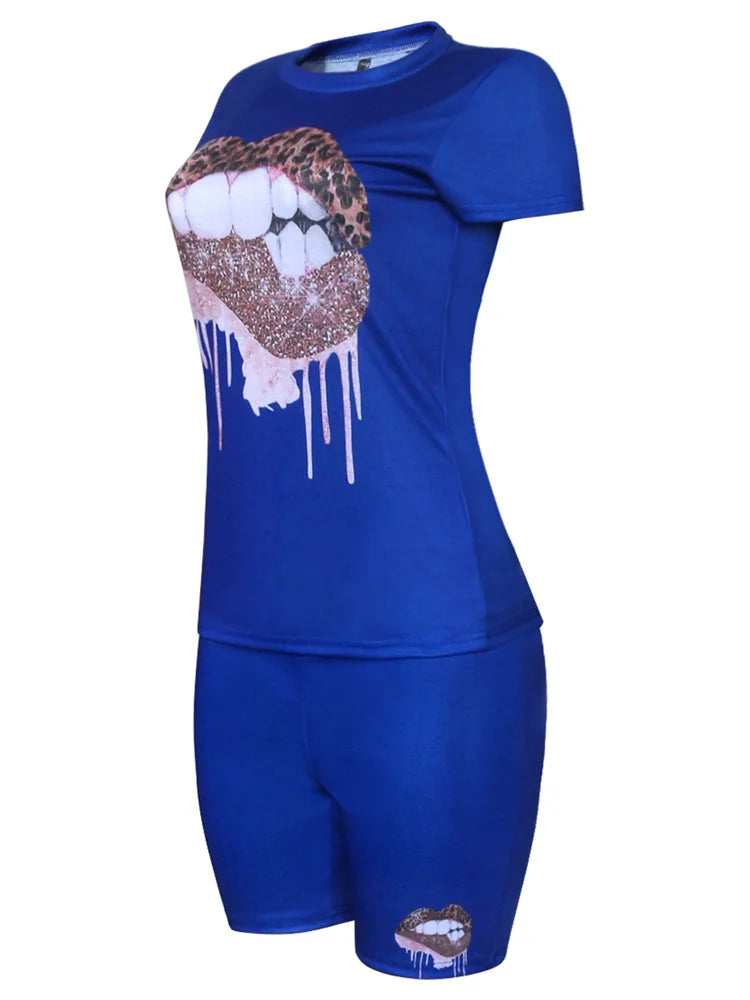 Wmstar Plus Size Two Piece Outfits for Women Tracksuit Shorts Sets Lip Print Top Casual New In Matching Wholesale Dropshipping