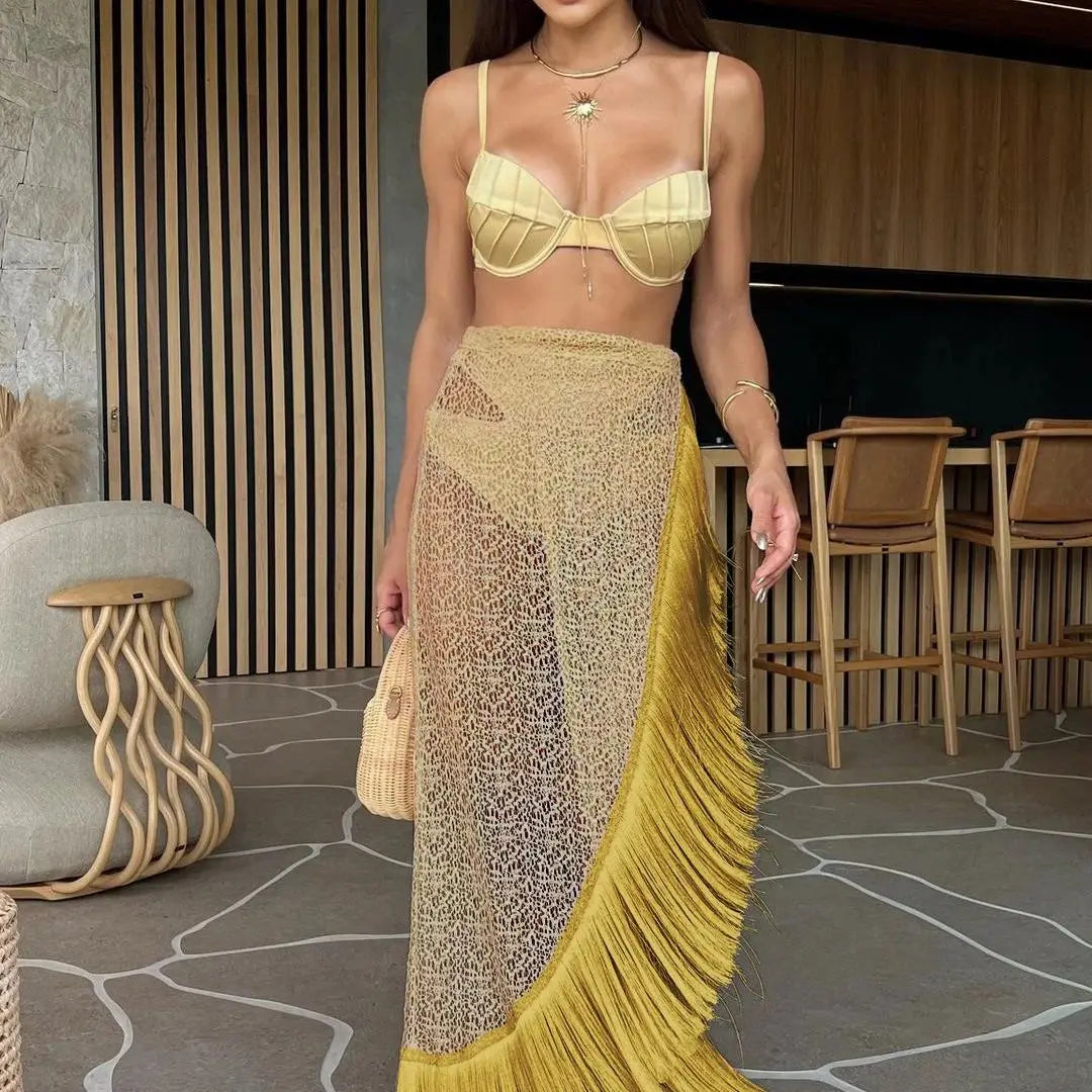 2025 Swimsuit 3 Pics Set with Tassel Skirt Bikini Women Swimsuit Button High Waist Swimwear Bathing Suit Beachwear Biquini