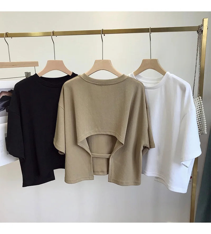 Summer New Ladies Casual Backless T-Shirt 2023 Korean Women Round Neck Loose Sweet Spicy Wind Short-Sleeved Crop Tops