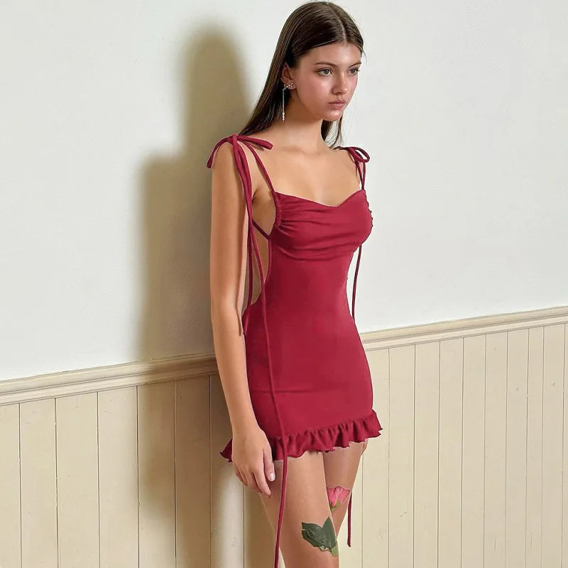 2024 European and American new dress with summer high-end feel Y2K sexy backless lace up spicy girl's hip hugging skirt