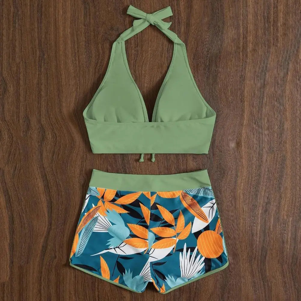 2Pcs/Set Bikinis Set Bowknot Decor Floral Print Bikini Backless Halter Bra High Waist Beachwear Female Beach Clothing