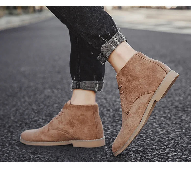 British Style Brown Men’s Suede Leather Boots Comfort Chelsea Boots Men Lace-Up Pointed Ankle Boots For Men botas para hombre