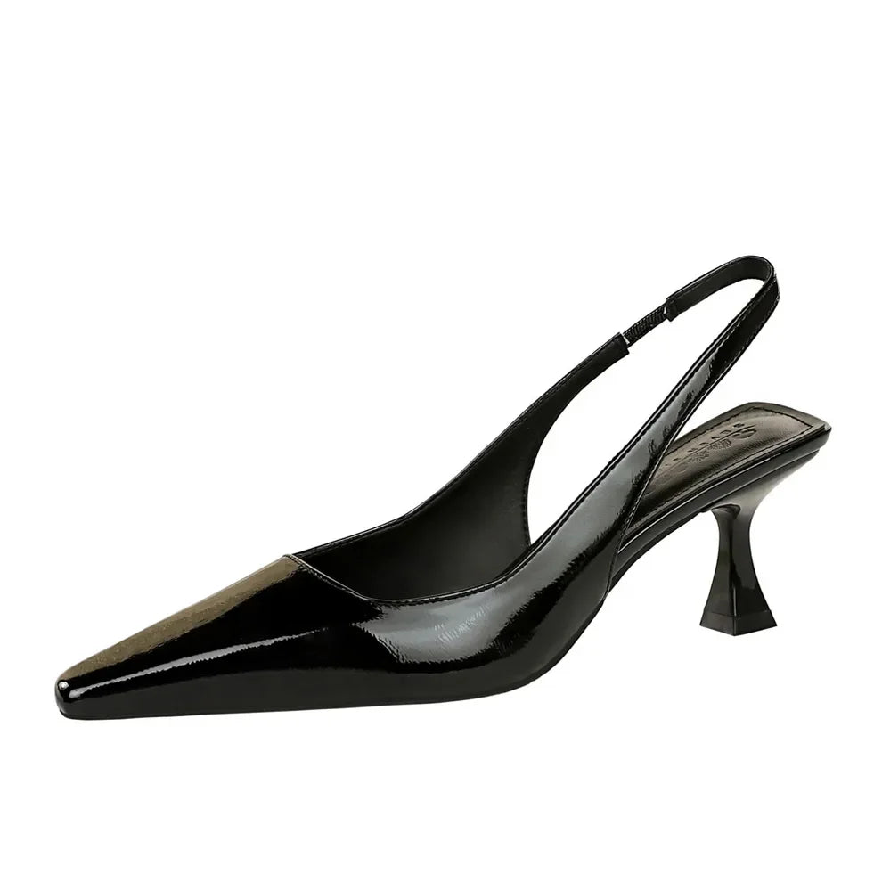 Women 6cm High Heels Retro Streetwear Catwalk Sandles Lady Daily Work Slingback Strap Elastic Mid Heels Glossy Leather Sandals