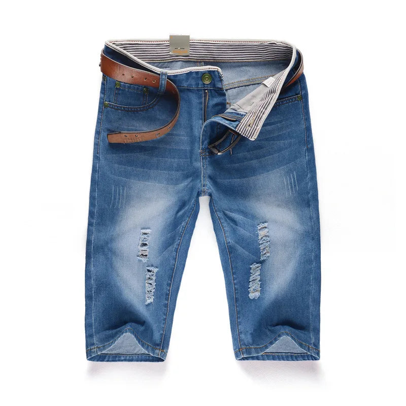 29-40 New Summer Men's Personalized Washable Perforated Denim Pants Large Casual Middle Pants