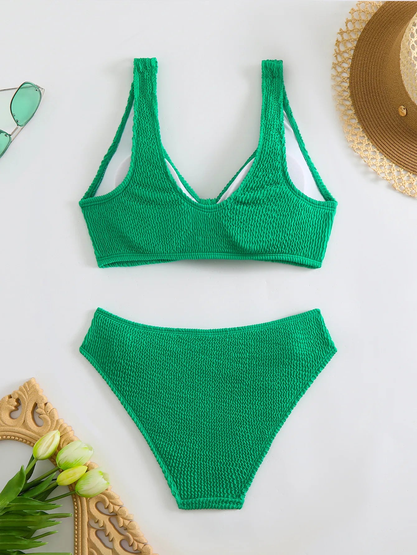 2025 Summer New Women's 2 Piece Swimsuit Solid Color High Waist Bikini Set V-neck Backless Beach Vacation Bathing Suit Swimwear