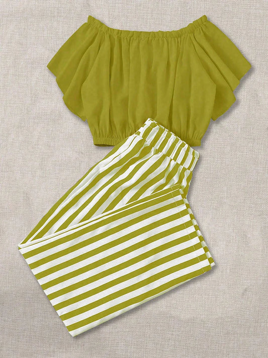 2024 New Summer Plus Size Women's Two-Piece Set Striped Printed Two-Piece Short Sleeve Set