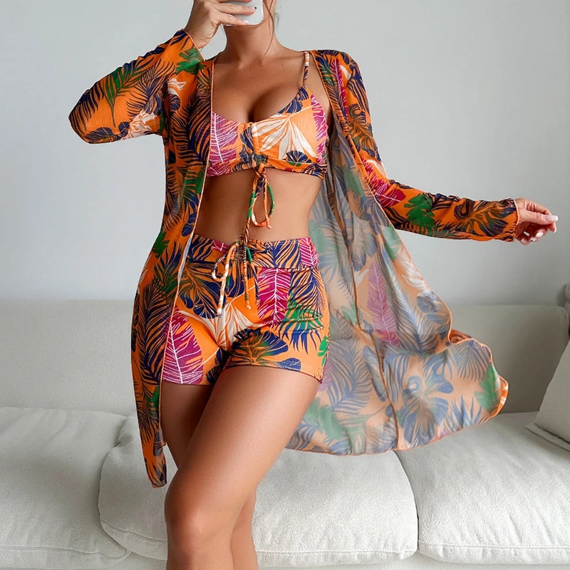 2025 New Women 3 Pieces Swimsuit Leaf Pattern Bikini Set+Long Sleeve Cover Up Tankini Beachwear Drawstring Swimwear Bathing Suit