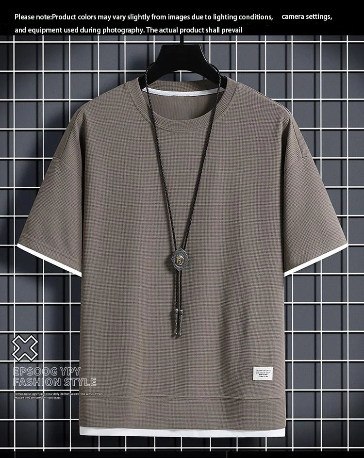 1pcs Men Summer T-Shirt Man Short Sleeved Waffle Solid T-Shirt Male Solid Color Casual Tee Round Men's Round Neck Fashion Top
