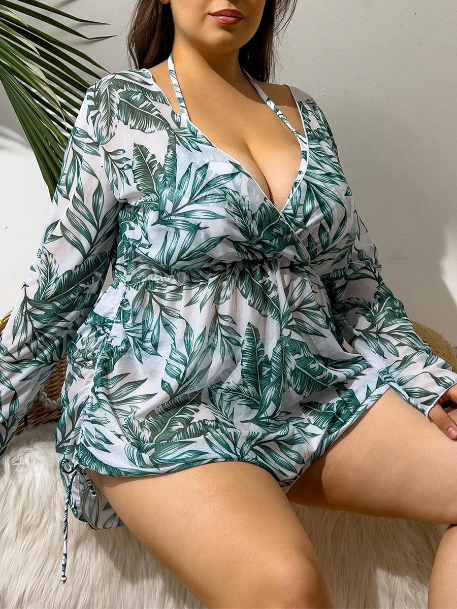 2025 Print Cross V Neck Large Size Halter Bikini 3 Piece Swimsuit Women Swimwear Female Bathing Swimming Swim Suit Beach Bathers