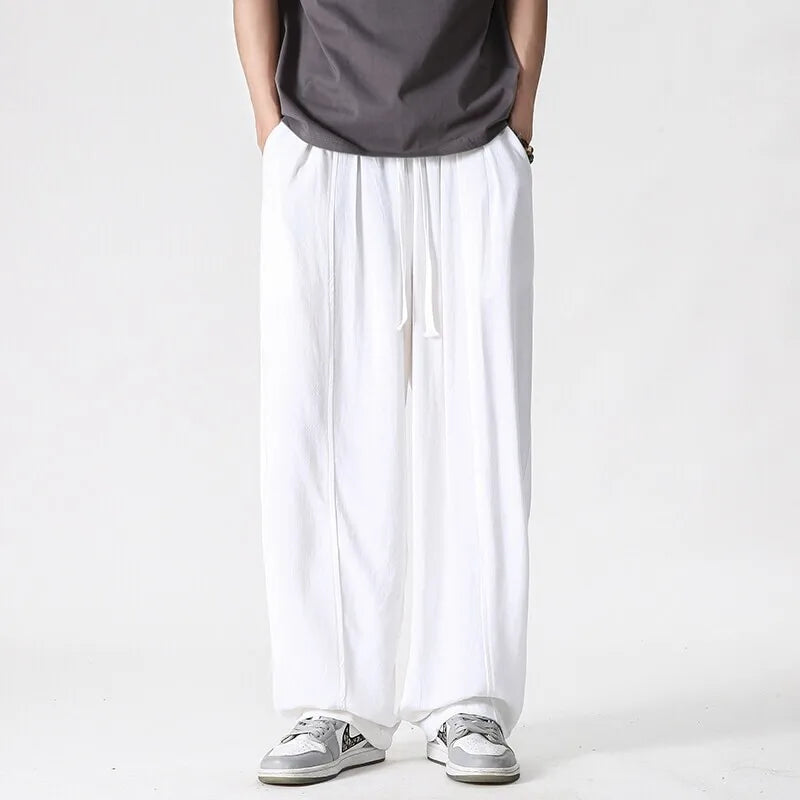 Summer Wide Leg Pants Men's Cotton Linen Harun Loose Pants Men Casual Elastic Waist Circumference Lantern Trousers Plus Size 5XL