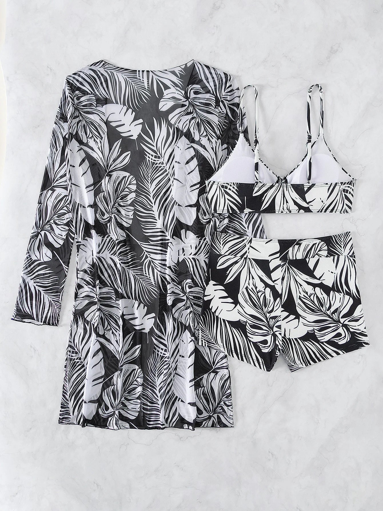 2025 New Women 3 Pieces Swimsuit Leaf Pattern Bikini Set+Long Sleeve Cover Up Tankini Beachwear Drawstring Swimwear Bathing Suit