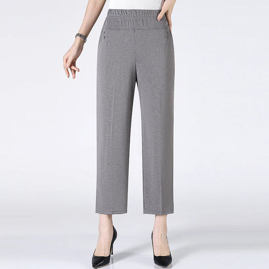 Summer Thin Breathable Elastic Pants 8XL Women's Solid Color High Waisted Loose Casual Pants Middle-aged Elastic straight leg