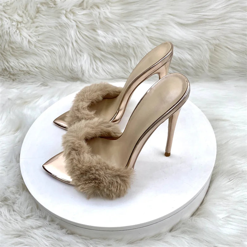 Super High Heels Summer Women Slippers Fur pointed toes Slip On Slides high heels 12cm sexy women sandals 33-4512cm