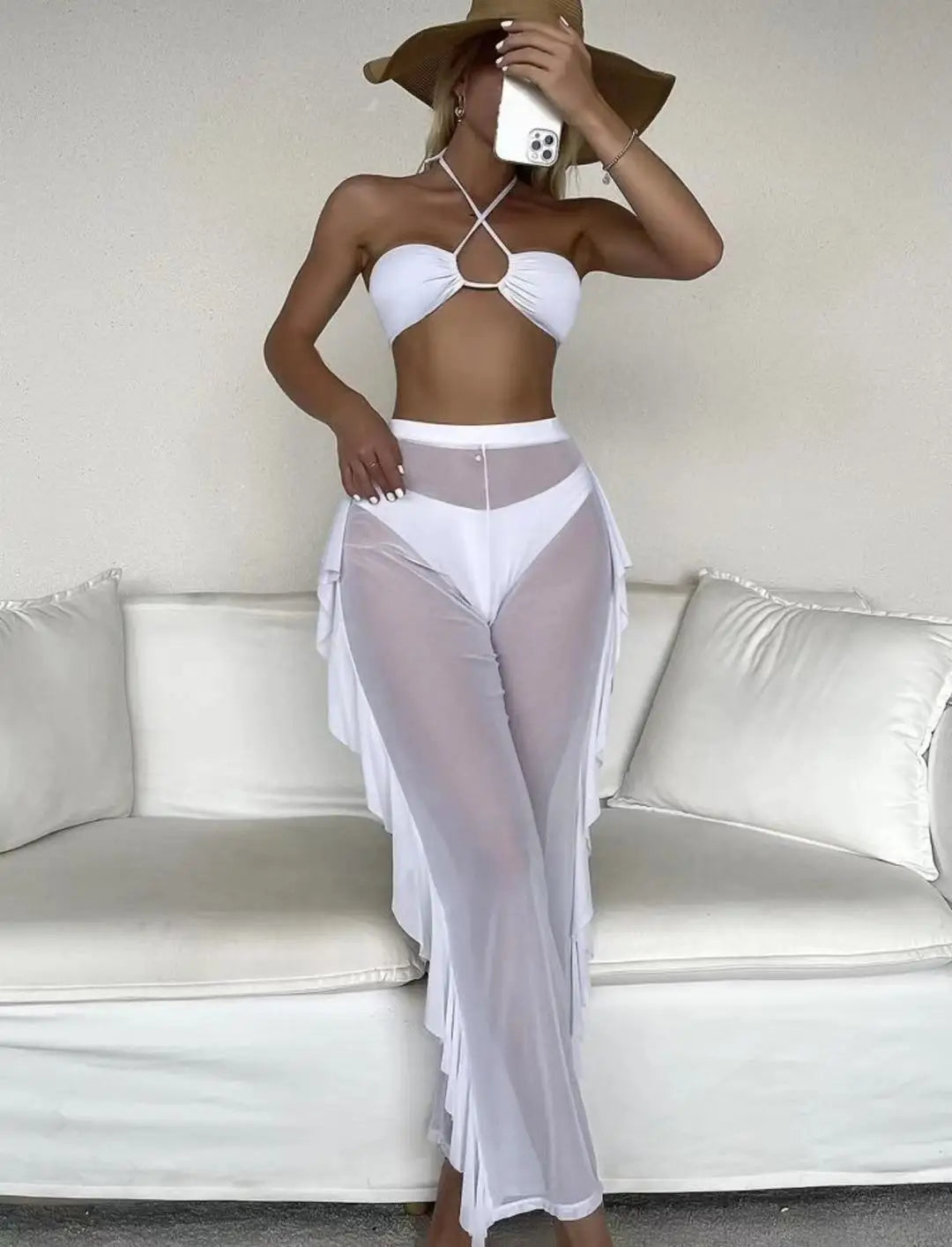 Bikini And Cover Up Set Plain Criss Cross Halter With Ruffle Pants Bandeau Swimsuit Women 2024 Black/White Swimwear Bathing Suit