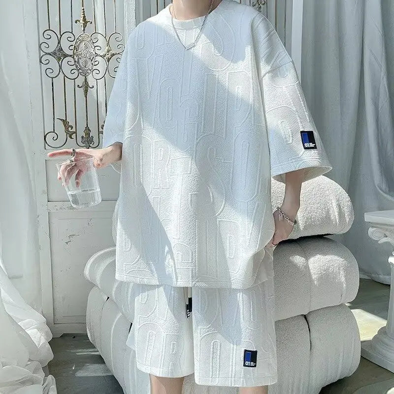 2025 3D Men's new Waffle TZ30 Summer Suit Casual T-shirt + Shorts Suit Men's Tracksuit Solid color tracksuit loose suit