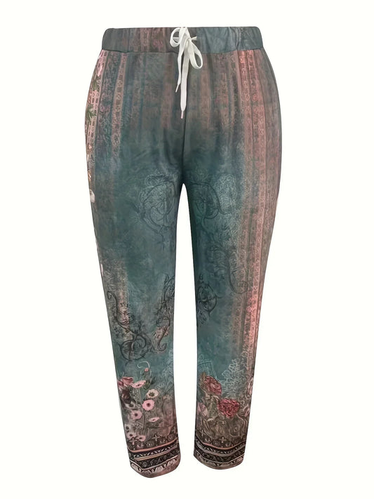 Women's Fashion Plus Size 1XL-5XL Four Seasons Printed Flower Pants Ladies Casual Comfortable Loose Mid-waist Haren Pants