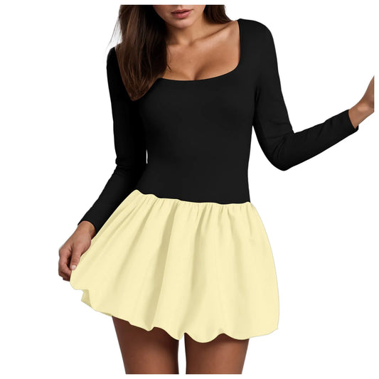 Summer Dresses Women'S Sexy Bustier Square Neck Long Sleeve Ruffles Short Dress Cute Bubble Design Mini Dress Party Vestidos