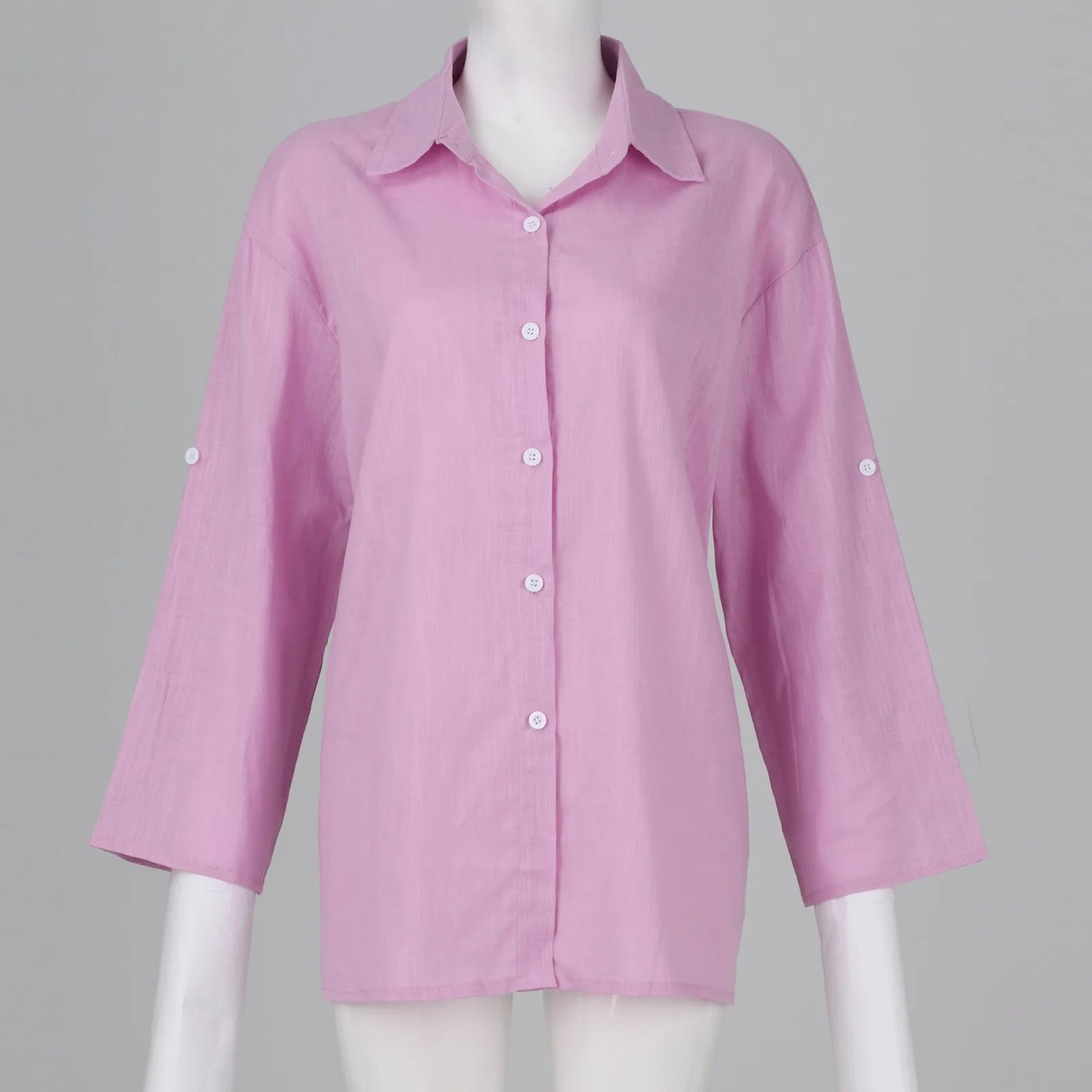 Summer Plus Size Cotton Linen Solid Color Seven-Point Sleeve Shirt V-Neck For Ladies Loose Casual Lightweight Camisas De Mujer