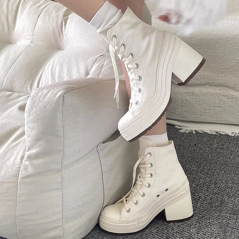 Women Platform Sneakers Canvas Shoes Personalized Luxry Heels Skateboard Lace Up Casual Fashion Outdoor Sneakers Plus Size 36-42