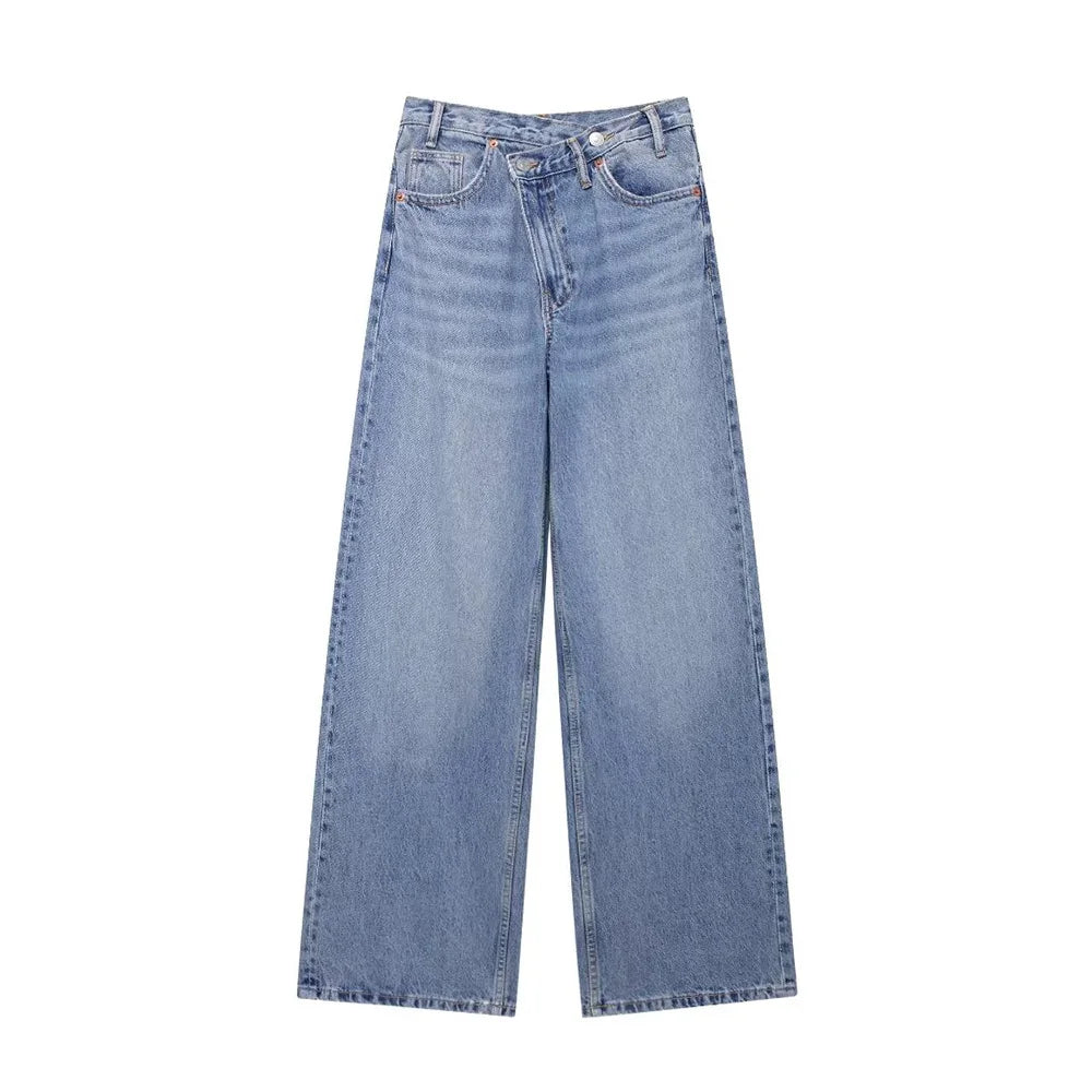 TRAF Women's Basic Hundred Jeans New Fashion Asymmetric Design High Waist Wide Leg Trousers Casual Women's Straight Leg Jeans
