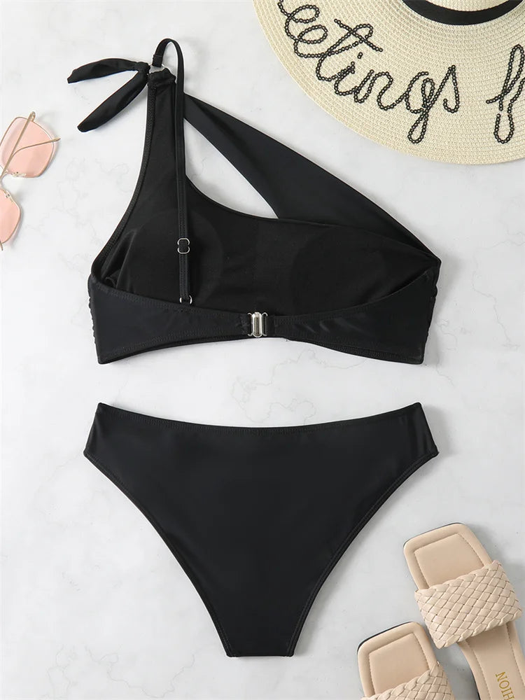 Bikini 2024 New Swimsuit Women Swimwear Solid Black One Shoulder Bikinis Set Bathing Suit Female Two Pieces Beach Wear Biquini