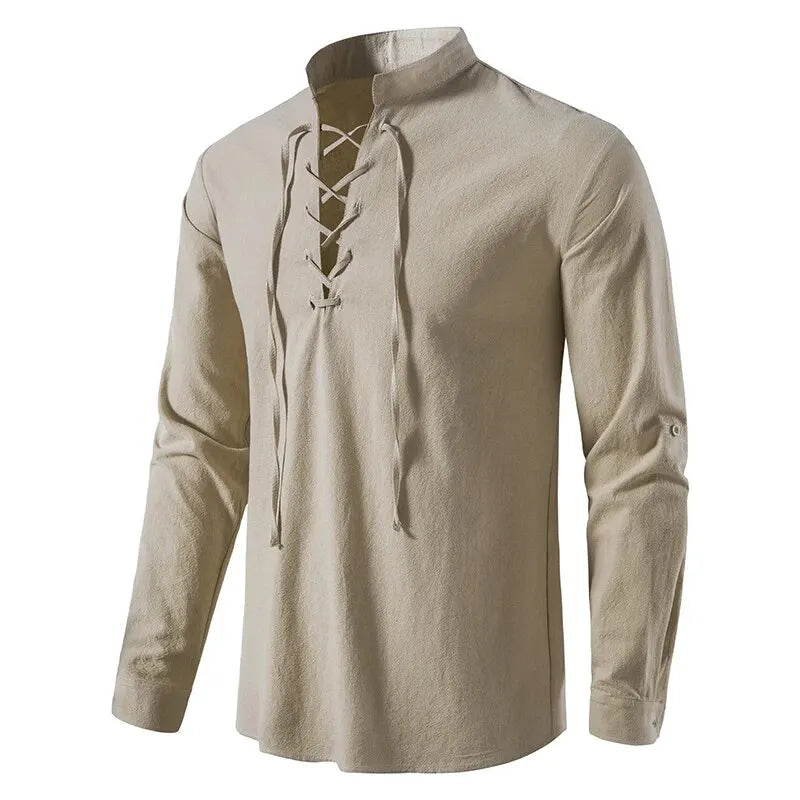King Billion Men's Shirts Casual Men Cotton Linen Long Sleeve T-shirt Spring Autumn Vintage Shirt US Size Drawstring Neck