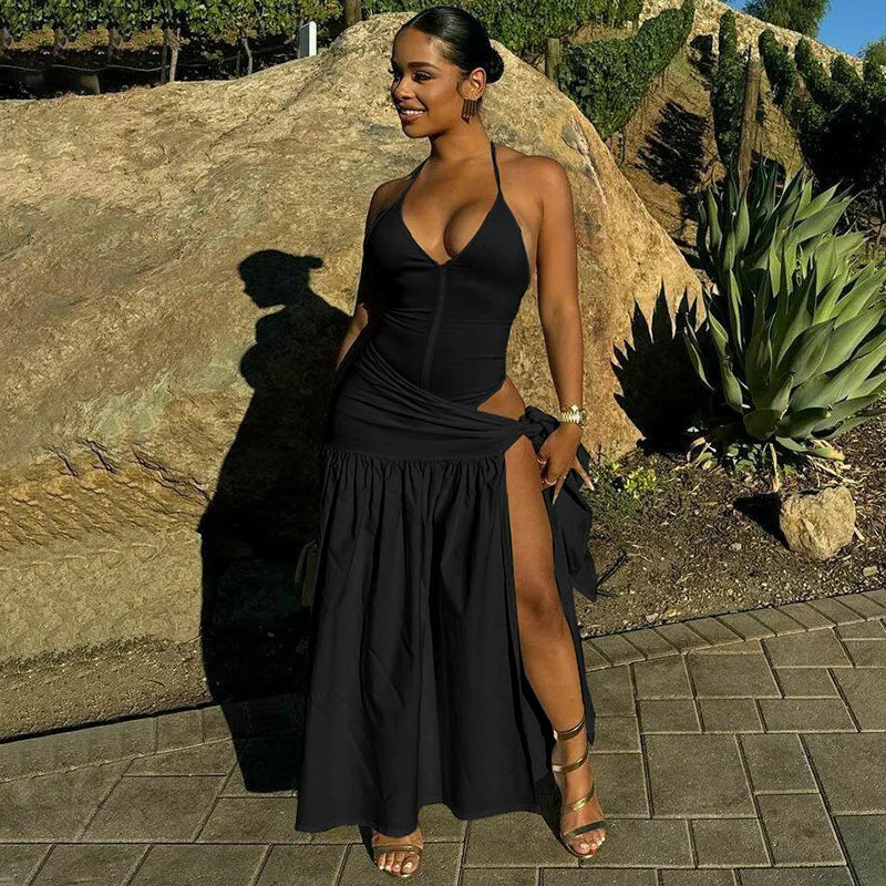 Women Sexy Cut Out Dress Sets Halter Deep V Neck Bodysuit and Tie Maxi Long Skirt Set 2025 Summer Two 2 Piece Vacation Outfits