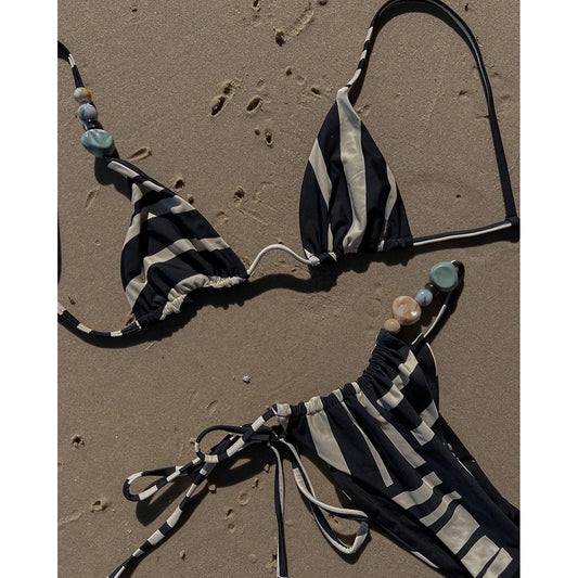 2025 Halter Bikinis Women Swimsuit New Sexy Swimwear Stripe Print Brazilian Bikini Set Micro Biquini Female Cute Beachwear