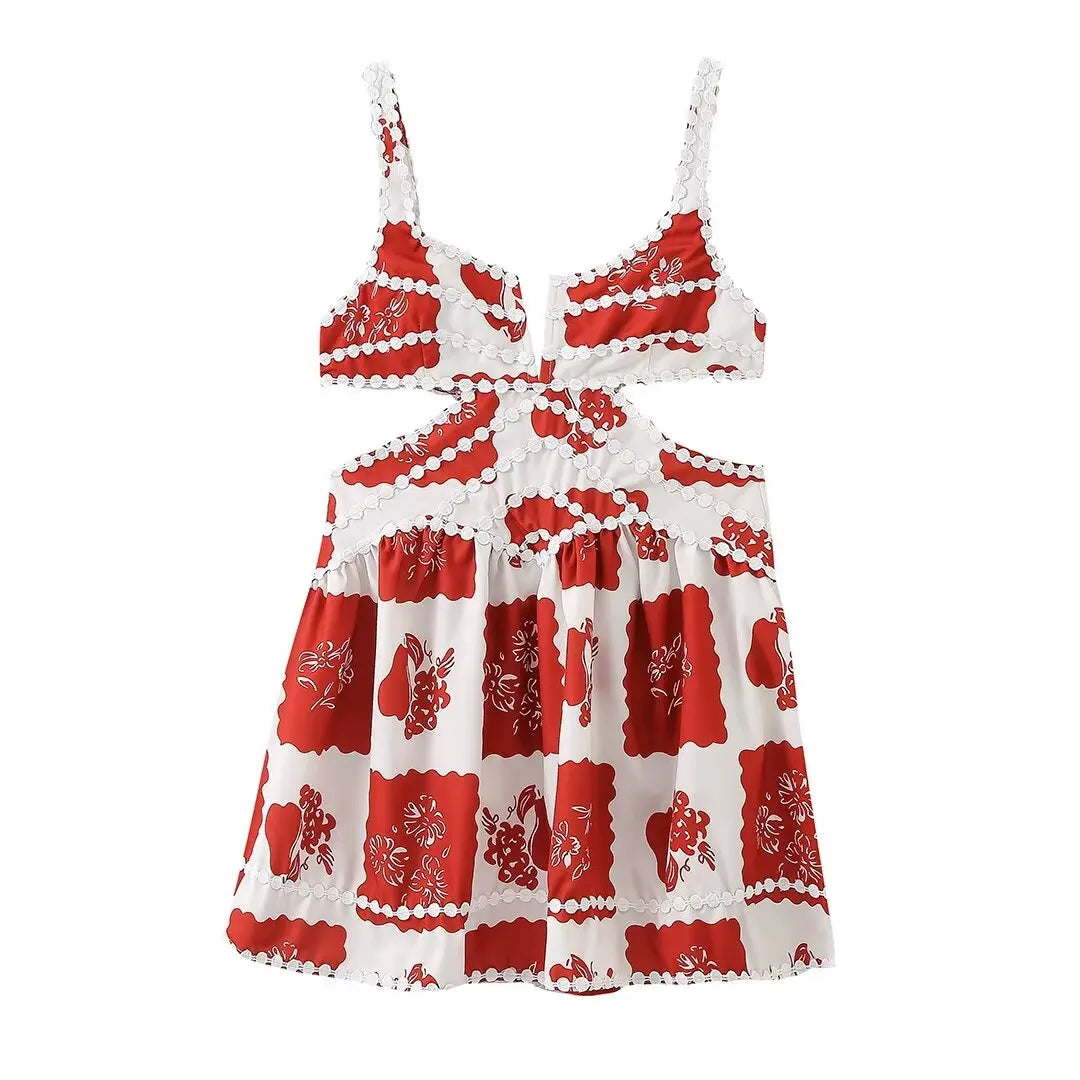 American retro suspender dress for women summer new style bohemian style waist hollow A-line short skirt