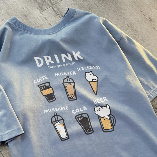 Women's Korean Drink Cat Letter Print Loose Short Sleeve T-Shirt Summer Soft Comfort Shirt