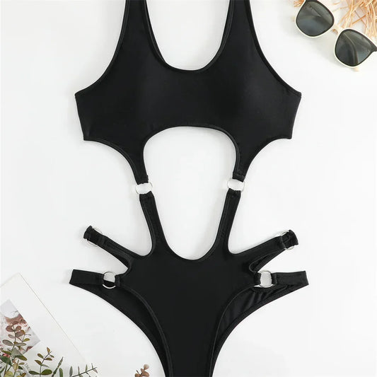 Black Punk Bikini Rings Sexy Bandage Luxury Swimsuit Cut Out Micro Bikinis Extrem Push Up Monokini Women Goth Swimwear Beach Set